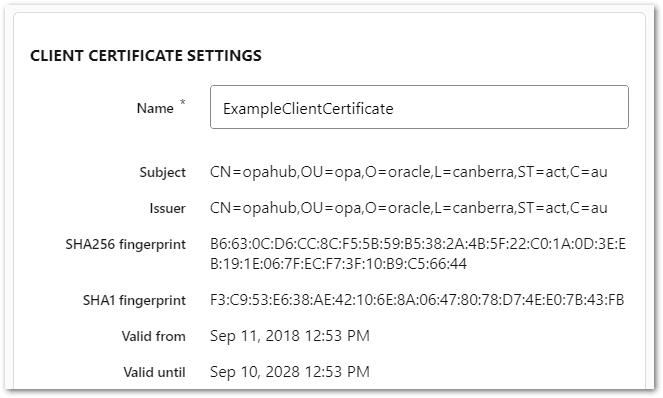 The Client Certificate Settings for a client certificate in Intelligent Advisor Hub.