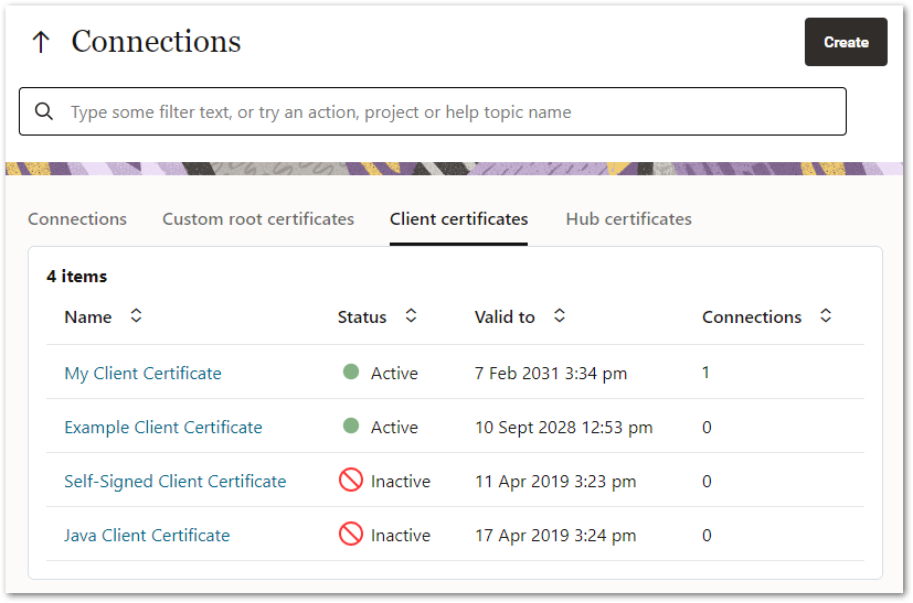 The Client certificates tab for Connections on Intelligent Advisor Hub