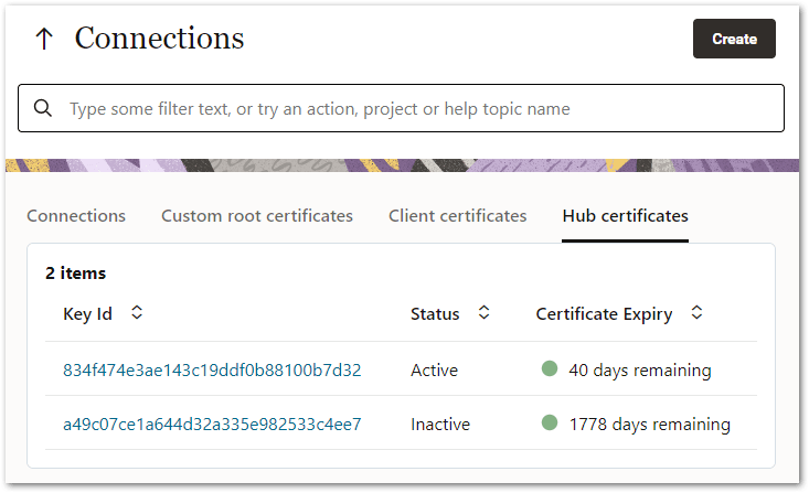 The Hub certificates tab for Connections on Intelligent Advisor Hub