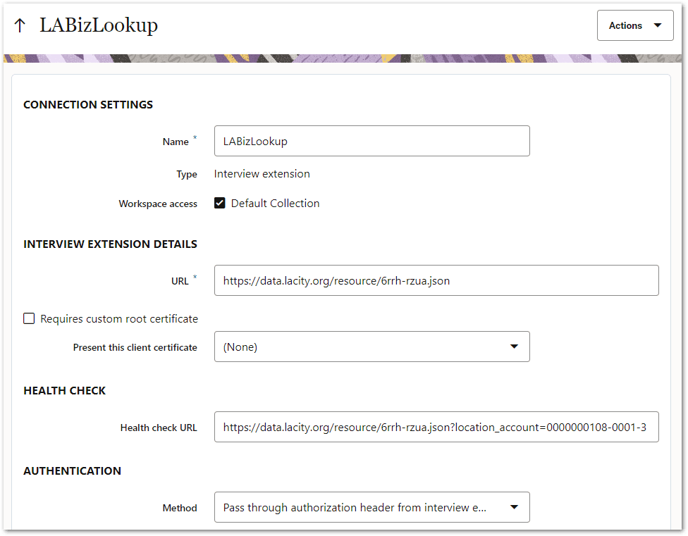 New Connection dialog for an interview extension type connection showing typical settings