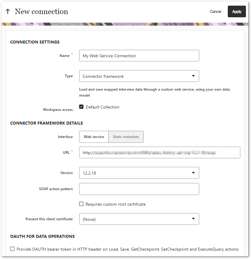 The New connection page in Intelligent Advisor Hub showing a web service connection