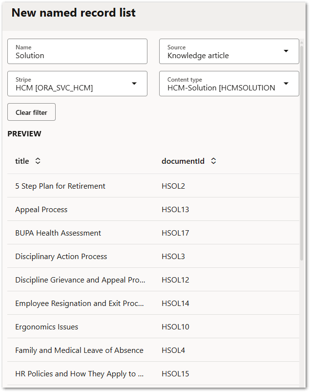 An example of a new Fusion named record list with a Knowledge Article source
