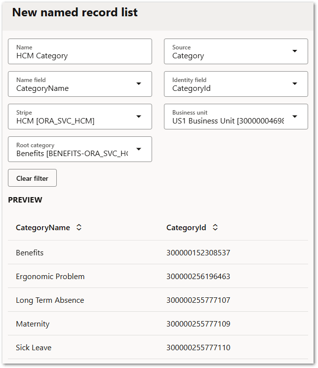 An example of a new Fusion named record list with a Category source
