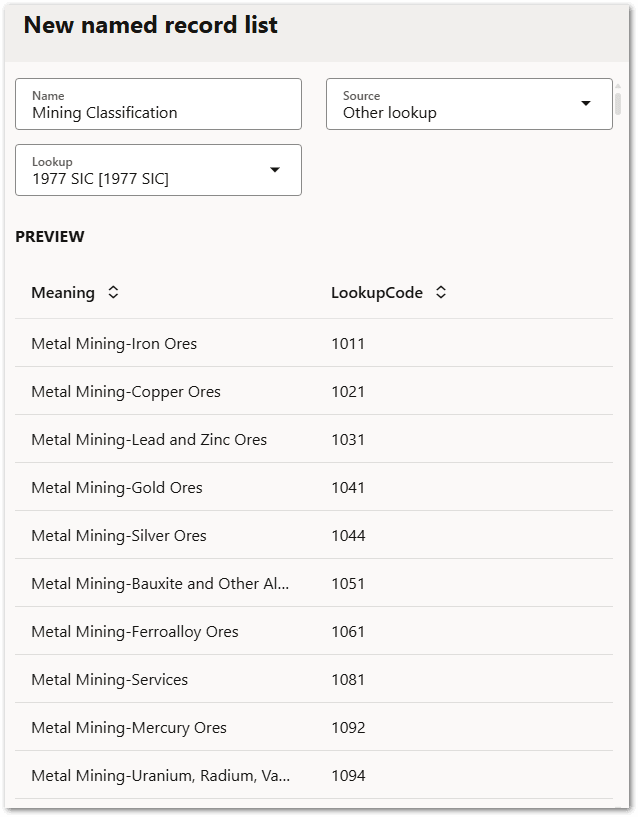 An example of a new Fusion named record list with an Other Lookup source