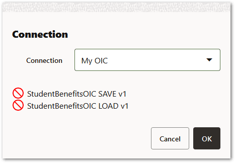 The Connection window for a deployment in Intelligent Advisor Hub showing operations that are not registered