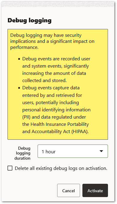 The Debug logging window used to turn on deployment debug logging in Intelligent Advisor Hub