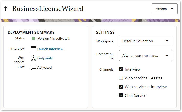 The Deployments tab in Intelligent Advisor Hub showing the activations for the project