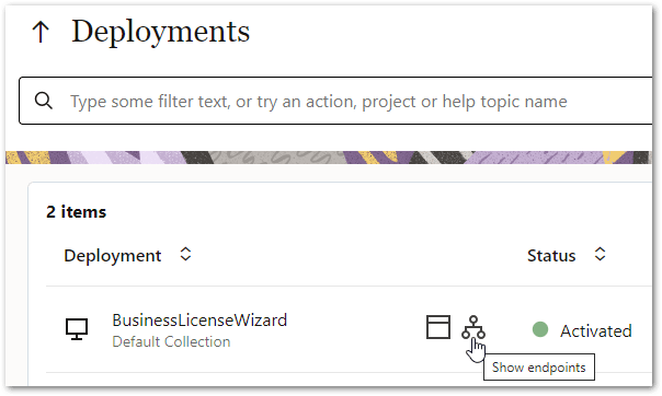 The show endpoints icon on the Deployments page on Intelligent Advisor Hub