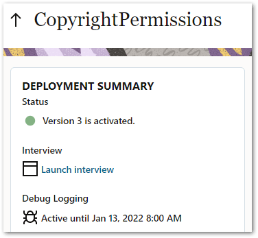 The deployment details view showing the indication that debug logging is active for the deployment