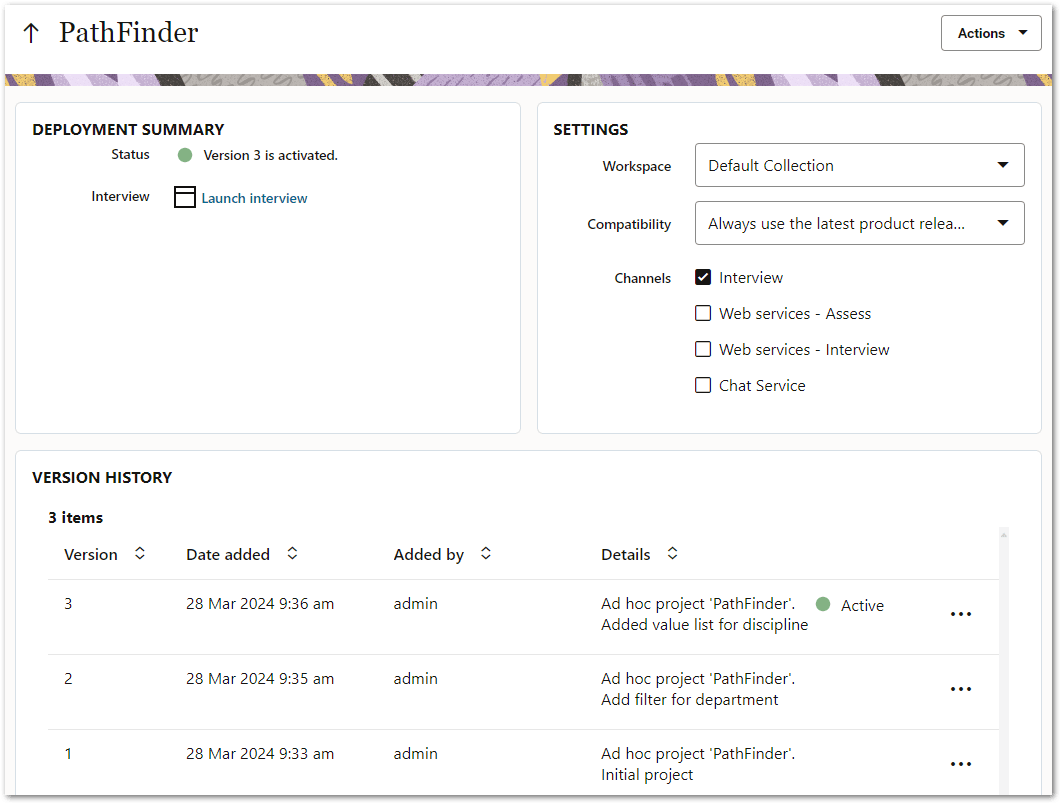 The deployment details view in Intelligent Advisor Hub showing the deployment history
