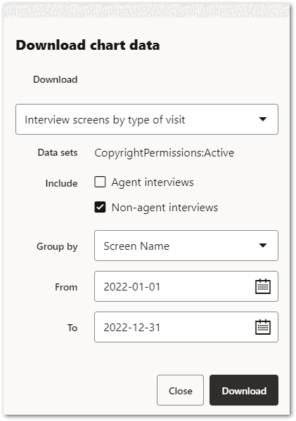 The Download Chart Data dialog showing the download settings for interview screens by type of visit