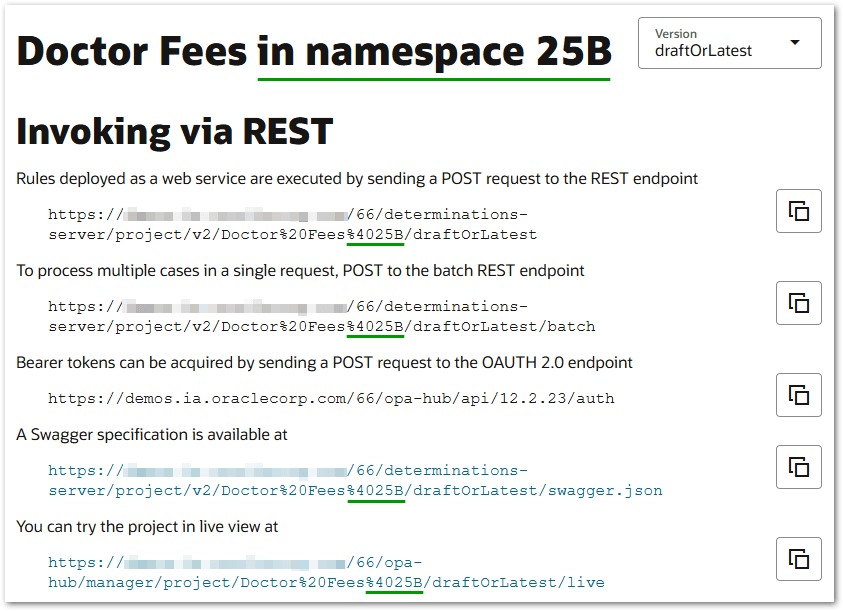 The run project web page for a decision service project in a namespace showing the URLs to invoke the project via REST