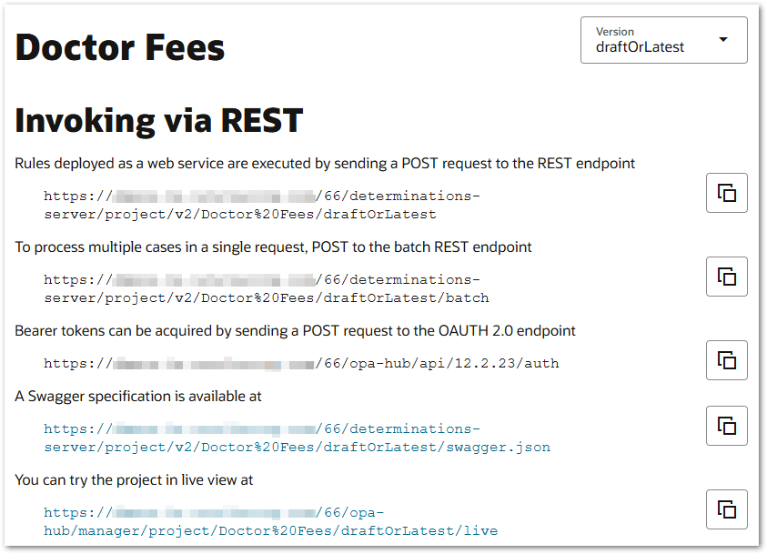 The run project web page for a decision service project showing the URLs to invoke the project via REST