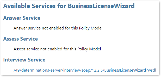 The available web services shown in a new browser window.