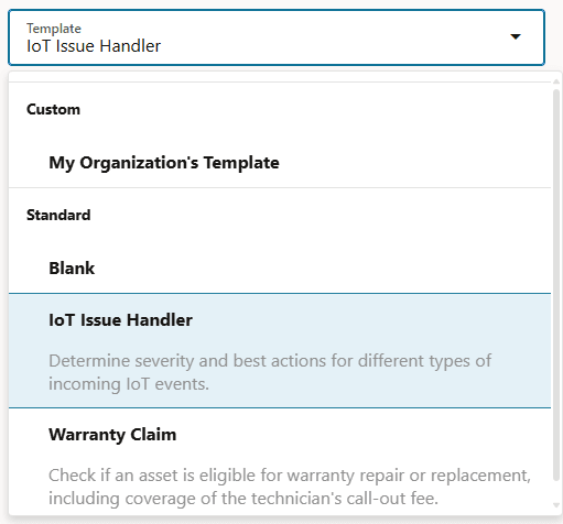 The Create Project window in Intelligent Advisor Hub showing the creation of a decision service project from an IoT Issues Handler template