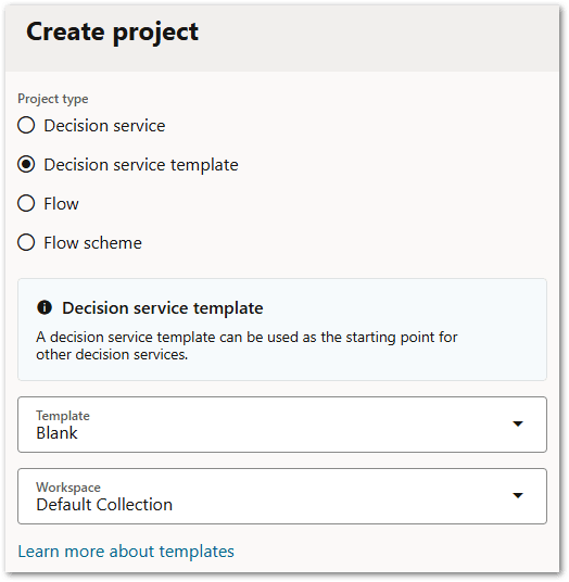The Create Project window in Intelligent Advisor Hub showing the creation of a decision service project from an IoT Issues Handler template