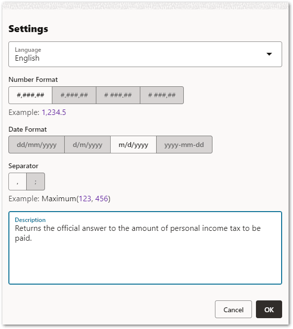 The Settings dialog in a decision service project showing a description defined