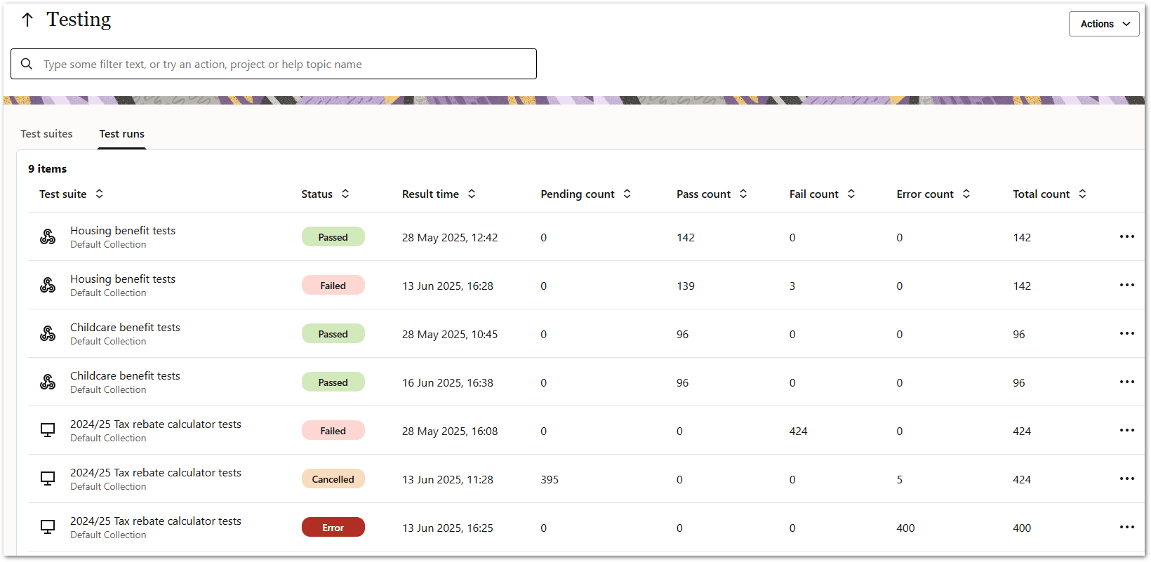 The Testing page in Intelligent Advisor Hub showing the Test runs tab
