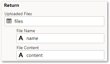 The return data properties for a file upload data action in a flow in Intelligent Advisor Hub