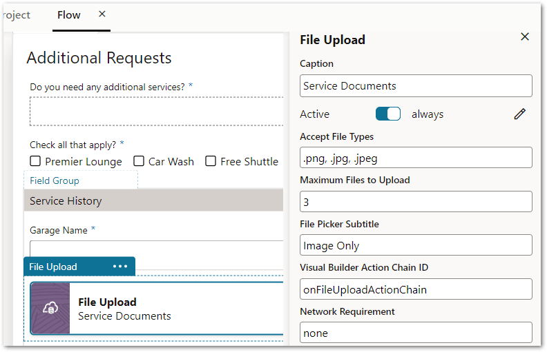 The properties for a file upload data action in a flow in Intelligent Advisor Hub