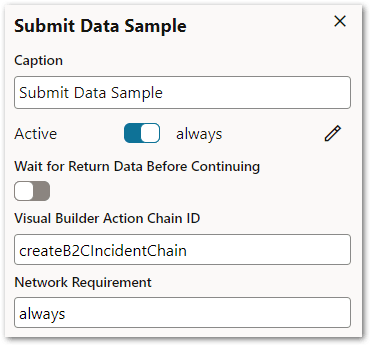The properties for a submit data data action in a flow in Intelligent Advisor Hub