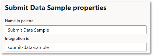 The name and integration id properties for a submit data data action in a flow scheme in Intelligent Advisor Hub