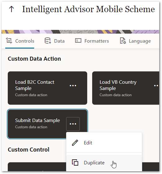 The Duplicate menu option for a control in a flow scheme in Intelligent Advisor Hub