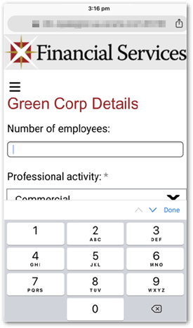 The numpad displayed for a number input in a interview in a mobile browser
