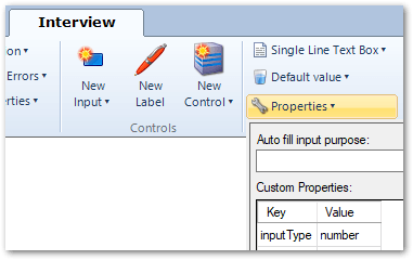 The Custom Properties window on the Interview tab in Policy Modeling showing key-value pairs defined for a number input type.