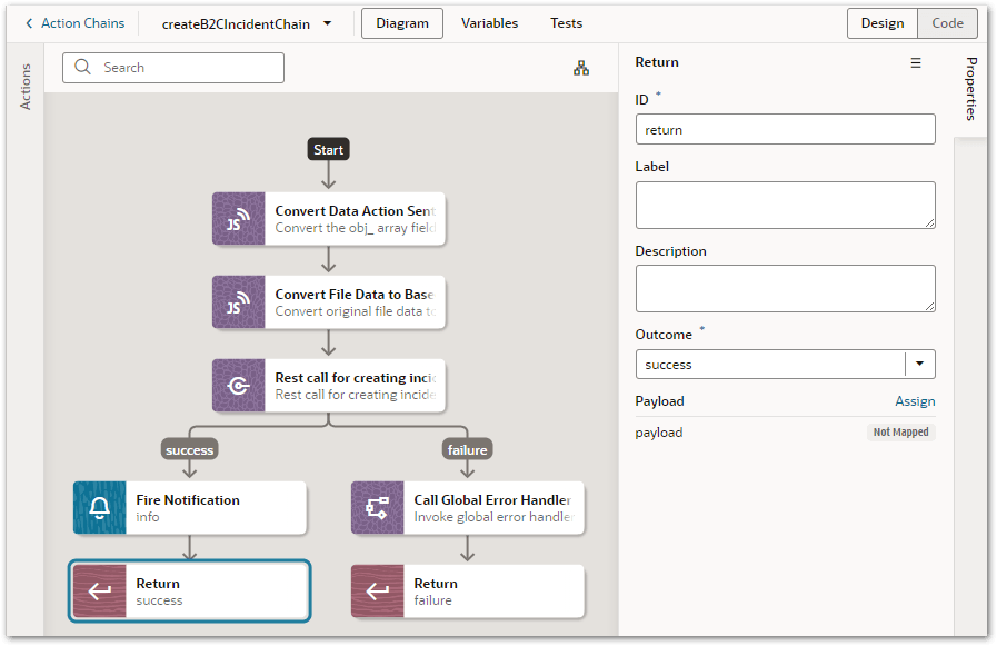 The Return success action for the createB2CIncidentChain in an Intelligent Advisor mobile application in Visual Builder