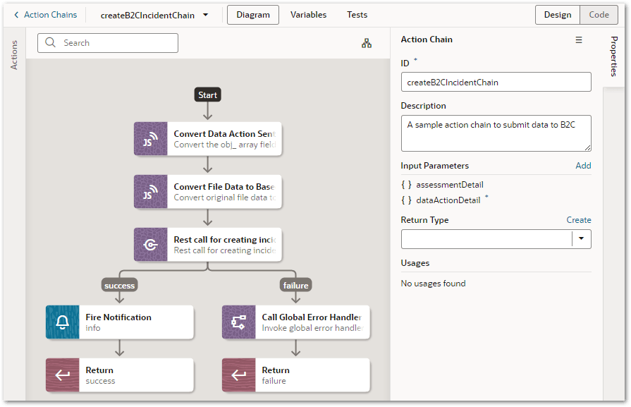 The properties for a createB2CIncidentChain action chain used to submit data to B2C Service in an Intelligent Advisor flow in a Visual Builder mobile application