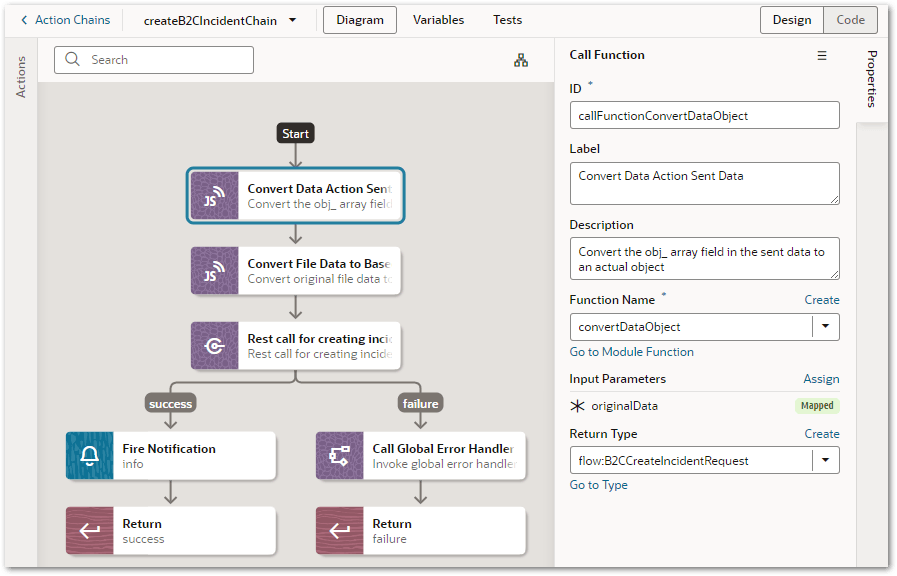 The properties for the Convert Data Action Sent Data JavaScript call function in an createB2CIncidentChain action chain in an Intelligent Advisor flow in a Visual Builder mobile application