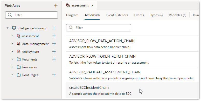 The createB2CIncidentChain action chain in the Intelligent Advisor mobile application in Visual Builder