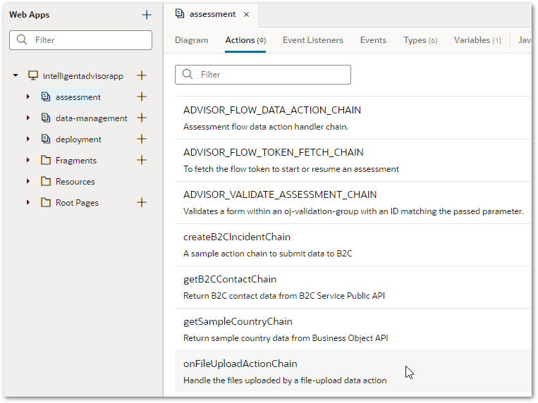 The onFileUploadActionChain action chain in the Intelligent Advisor mobile application in Visual Builder