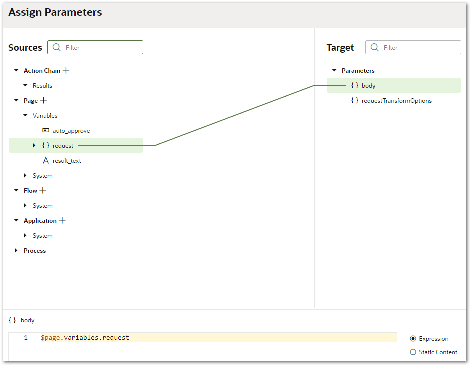The Assign Parameters window in Visual Builder showing the request variable mapped to the body parameter