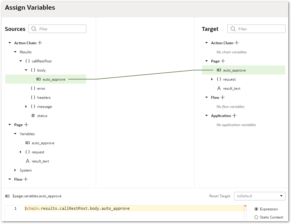 The Assign Variables window in Visual Builder showing the response to the request assigned to a variable