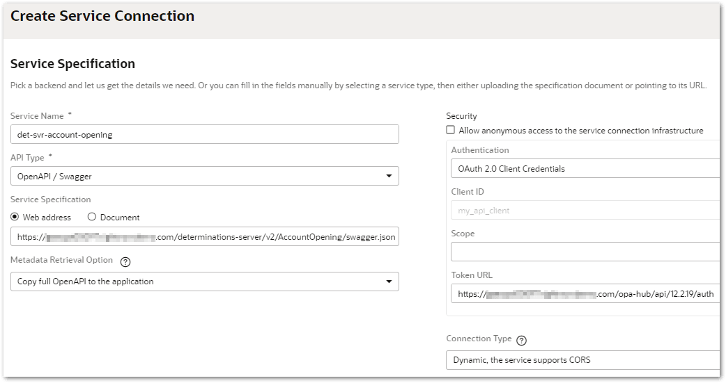 The settings in Visual Builder for creating a service specification using Swagger