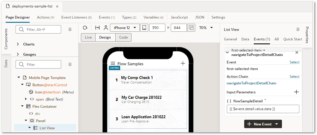 Samples start page in a mobile flow in a Visual Builder application