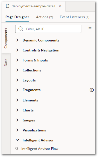 The Intelligent Advisor Flow component in the Page Designer palette in Visual Builder