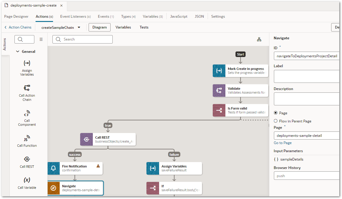 The create sample chain action in an Intelligent Advisor flow in Visual Builder