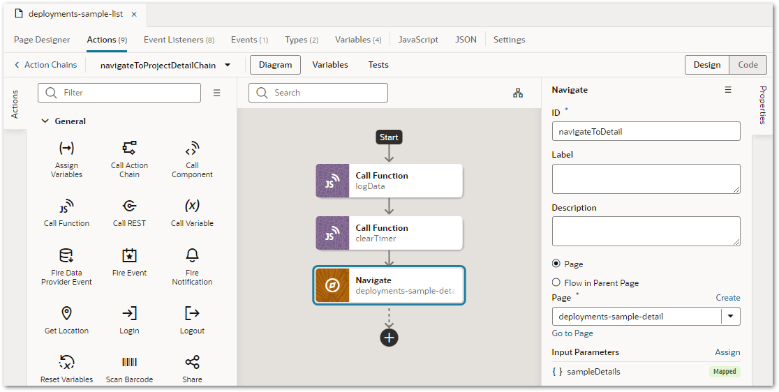 An action in a Visual Builder application used to navigate to the page containing the Flow component