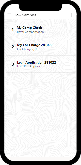 A list of Intelligent Advisor flow samples in a Visual Builder mobile application