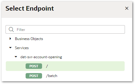 The Select Endpoint window in Visual Builder showing the selection of the Intelligent Advisor endpoint