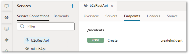 The b2CRestApi service connection in an Intelligent Advisor Visual Builder mobile application showing the createIncident endpoint