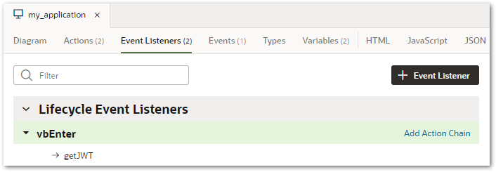 The Events view for a web application in VBCS