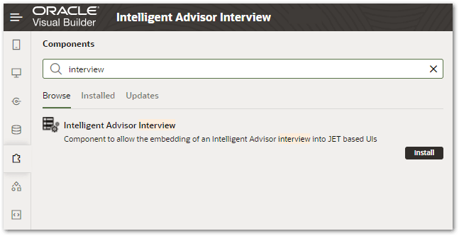 The Components browser in VBCS showing the Intelligent Advisor interview component