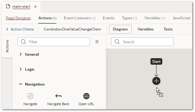 The action editor in VBCS showing a navigate action being added to an action chain