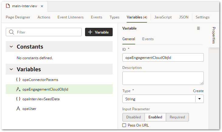 The opaEngagementCloudObjId setting for a web application in VBCS