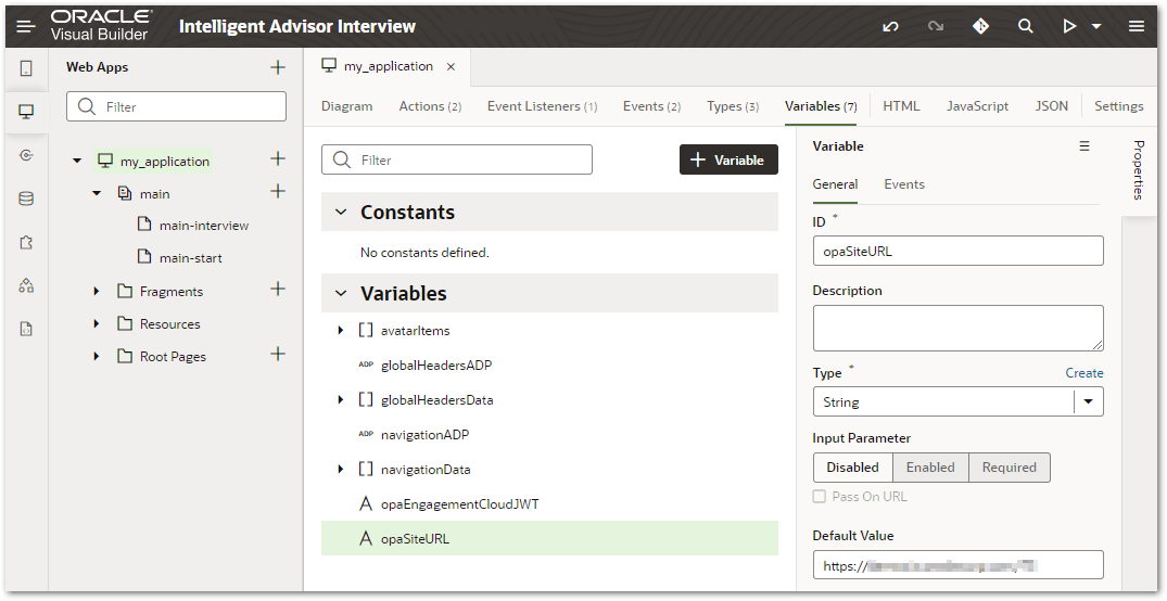 The opaSiteURL settings for a web application in VBCS
