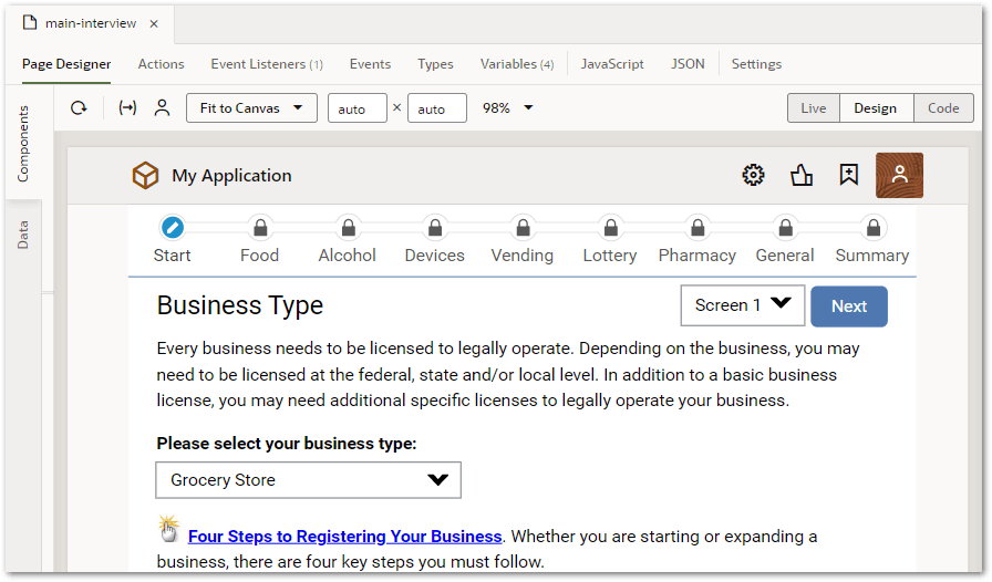 An Intelligent Advisor interview embedded on a page in a web application in VBCS